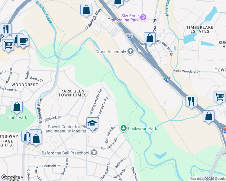 map of restaurants, bars, coffee shops, grocery stores, and more near 1638 North King Charles Road in Raleigh