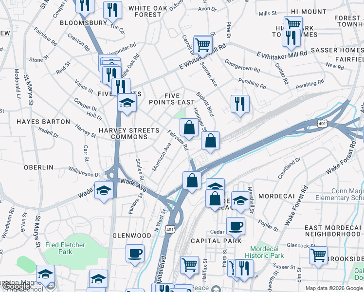 map of restaurants, bars, coffee shops, grocery stores, and more near 1401 Fairview Road in Raleigh