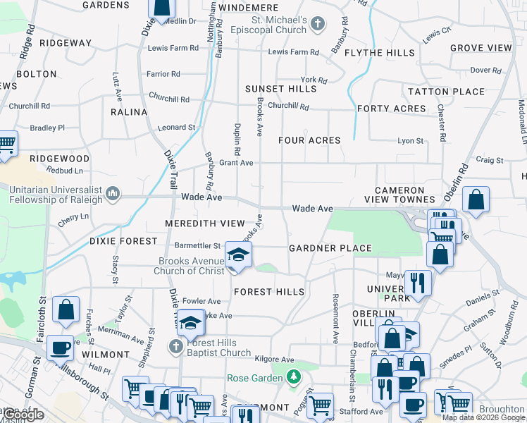 map of restaurants, bars, coffee shops, grocery stores, and more near 1200 Brooks Avenue in Raleigh
