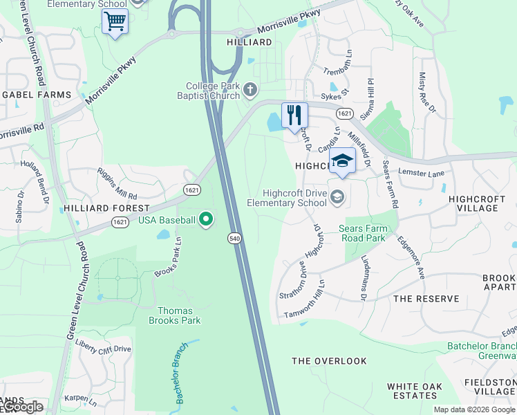 map of restaurants, bars, coffee shops, grocery stores, and more near 302 Alamosa Place in Cary