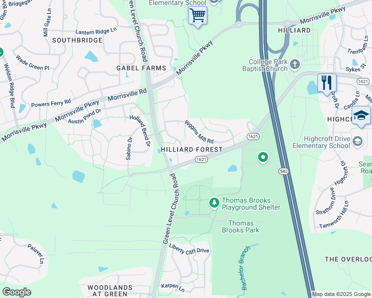 map of restaurants, bars, coffee shops, grocery stores, and more near 232 Hilliard Forest Drive in Cary