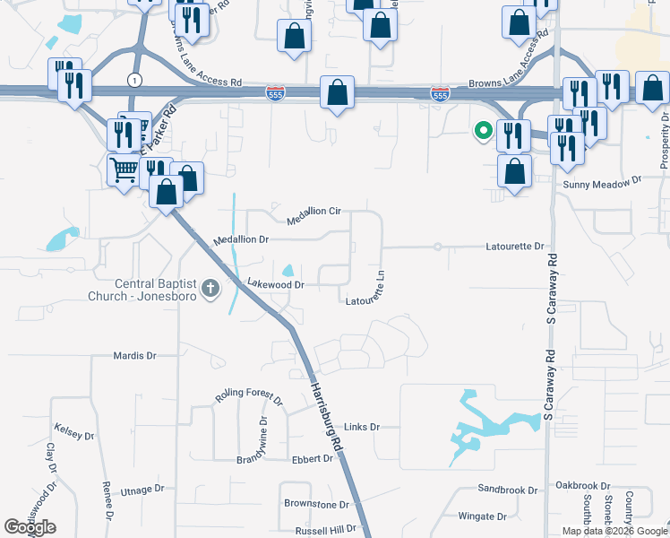 map of restaurants, bars, coffee shops, grocery stores, and more near 1511 Matlock Drive in Jonesboro