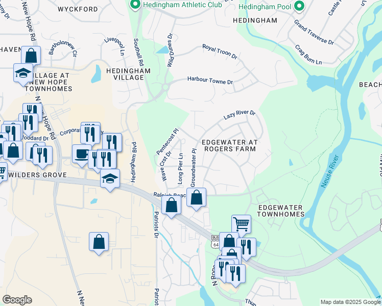 map of restaurants, bars, coffee shops, grocery stores, and more near 2125 Groundwater Place in Raleigh