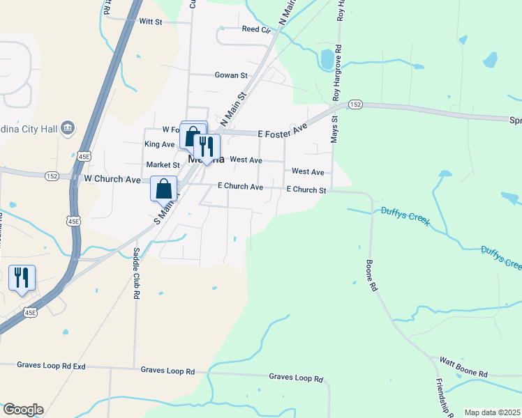 map of restaurants, bars, coffee shops, grocery stores, and more near 337 Rowlett Avenue in Medina