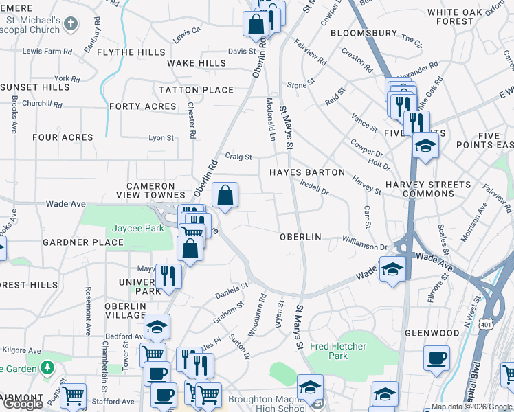 map of restaurants, bars, coffee shops, grocery stores, and more near 1304 Diehl Street in Raleigh