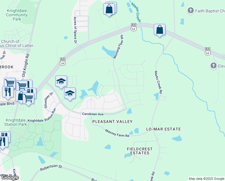 map of restaurants, bars, coffee shops, grocery stores, and more near 636 Silver Comet Drive in Knightdale