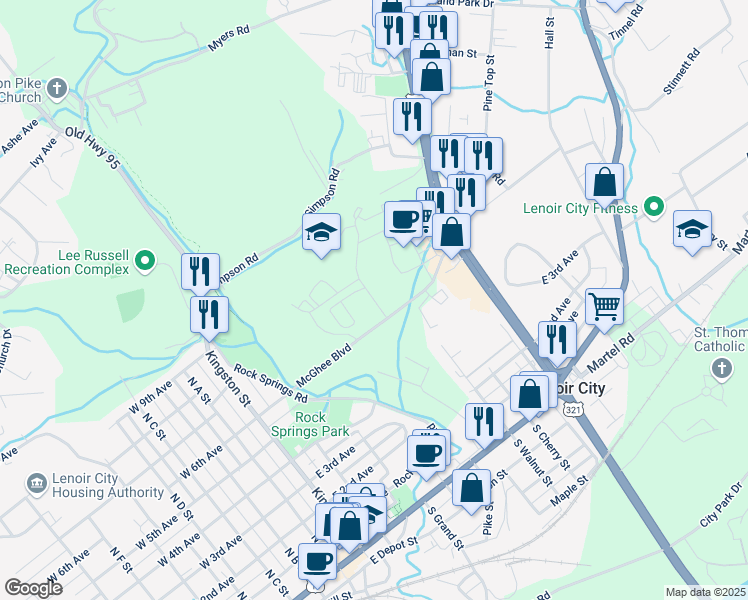map of restaurants, bars, coffee shops, grocery stores, and more near 220 Kelly Lane in Lenoir City