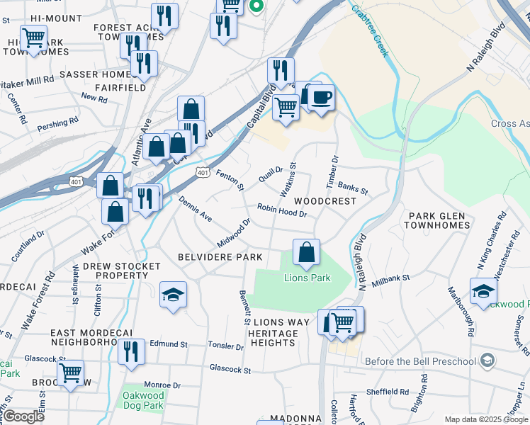 map of restaurants, bars, coffee shops, grocery stores, and more near 314 Robin Hood Drive in Raleigh