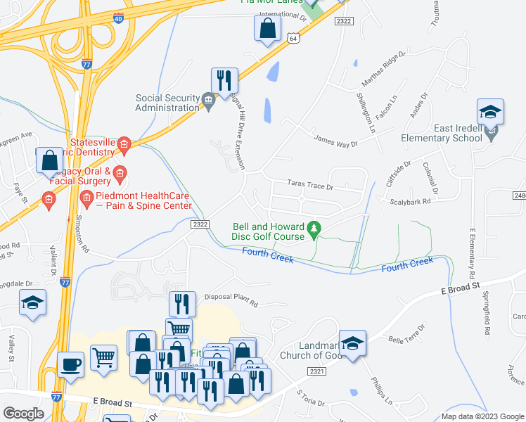 map of restaurants, bars, coffee shops, grocery stores, and more near 2034 Wexford Way in Statesville