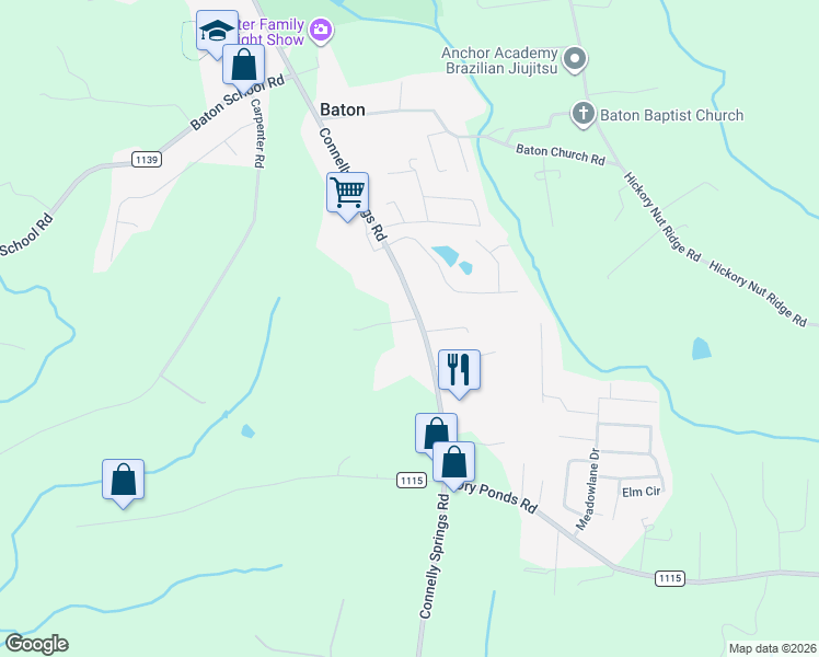 map of restaurants, bars, coffee shops, grocery stores, and more near 2700 Connelly Springs Road in Granite Falls