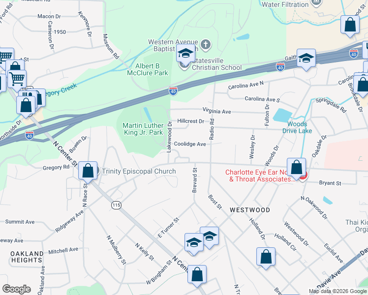 map of restaurants, bars, coffee shops, grocery stores, and more near 414 Coolidge Avenue in Statesville