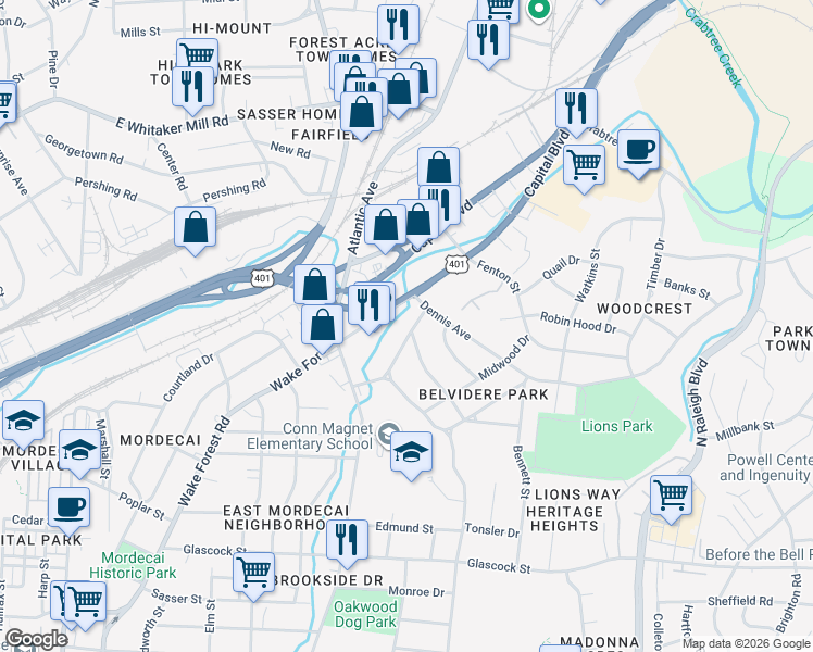 map of restaurants, bars, coffee shops, grocery stores, and more near 106 Plainview Avenue in Raleigh
