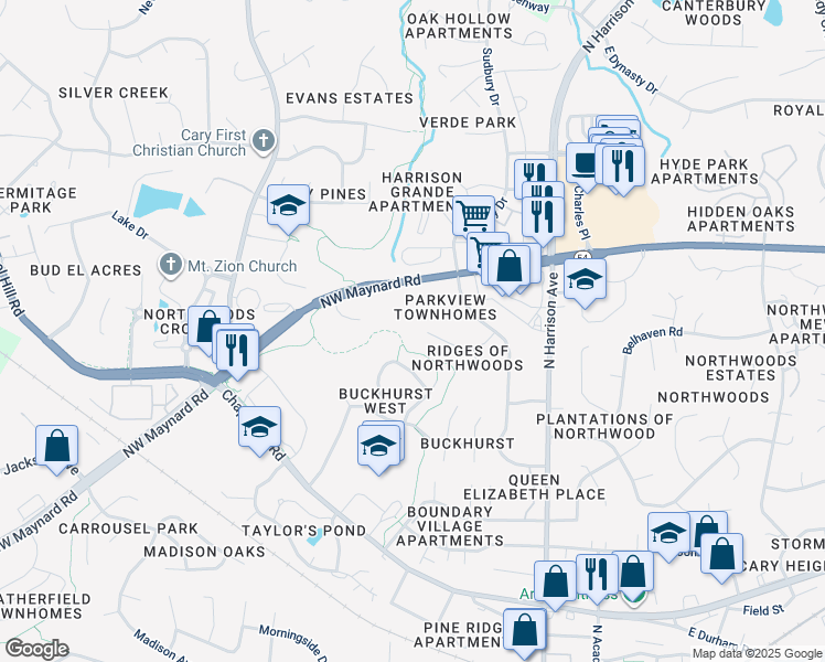 map of restaurants, bars, coffee shops, grocery stores, and more near 215 Laurie Lane in Cary