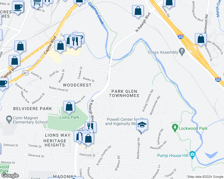 map of restaurants, bars, coffee shops, grocery stores, and more near 801 Dalewood Drive in Raleigh