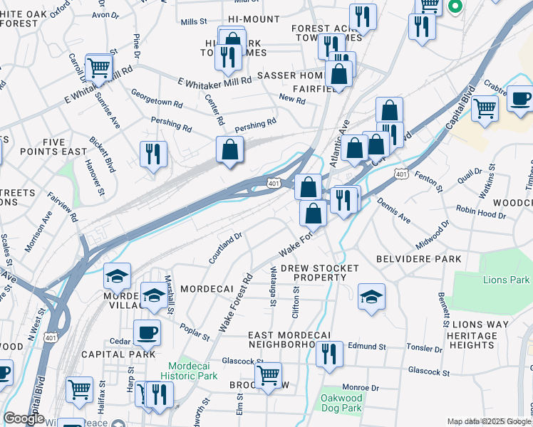 map of restaurants, bars, coffee shops, grocery stores, and more near 1419 Courtland Drive in Raleigh