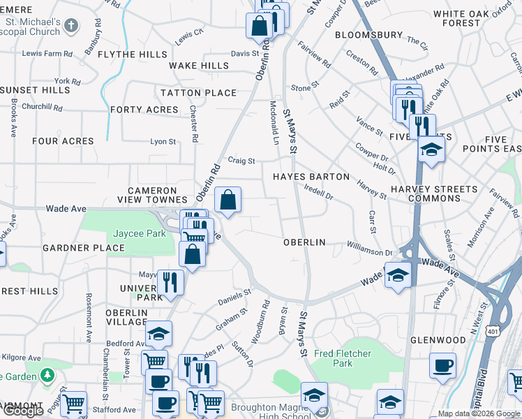 map of restaurants, bars, coffee shops, grocery stores, and more near 1304 Diehl Street in Raleigh