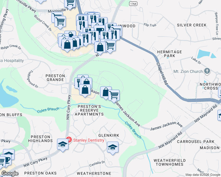 map of restaurants, bars, coffee shops, grocery stores, and more near 151 Towerview Court in Cary