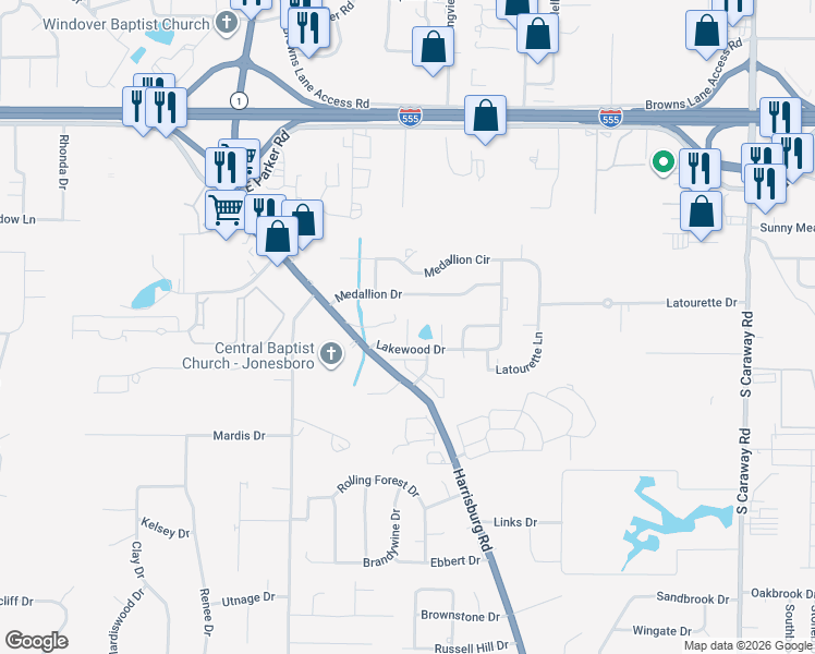 map of restaurants, bars, coffee shops, grocery stores, and more near 3706 Lakeview Cove in Jonesboro