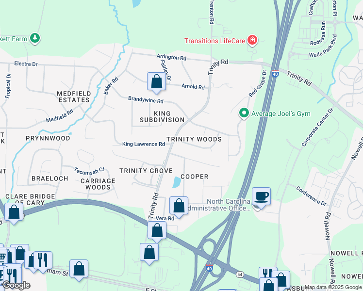 map of restaurants, bars, coffee shops, grocery stores, and more near 104 Trinity Woods Drive in Cary