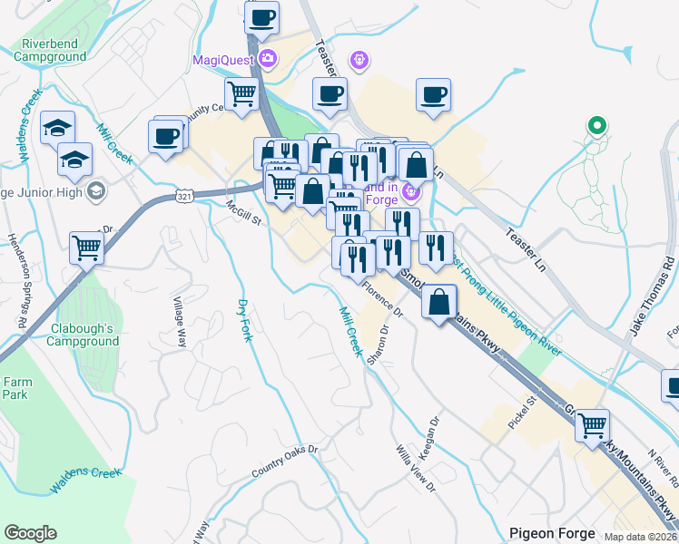 map of restaurants, bars, coffee shops, grocery stores, and more near 2724 Florence Drive in Pigeon Forge