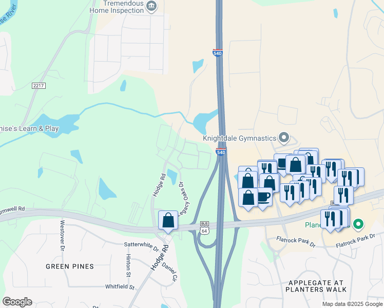 map of restaurants, bars, coffee shops, grocery stores, and more near 1220 Bristoe Drive in Knightdale