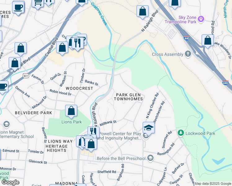 map of restaurants, bars, coffee shops, grocery stores, and more near 1330 Park Glen Drive in Raleigh