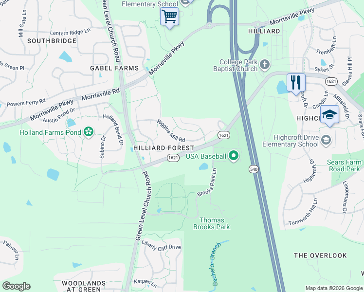 map of restaurants, bars, coffee shops, grocery stores, and more near 209 Hilliard Forest Drive in Cary