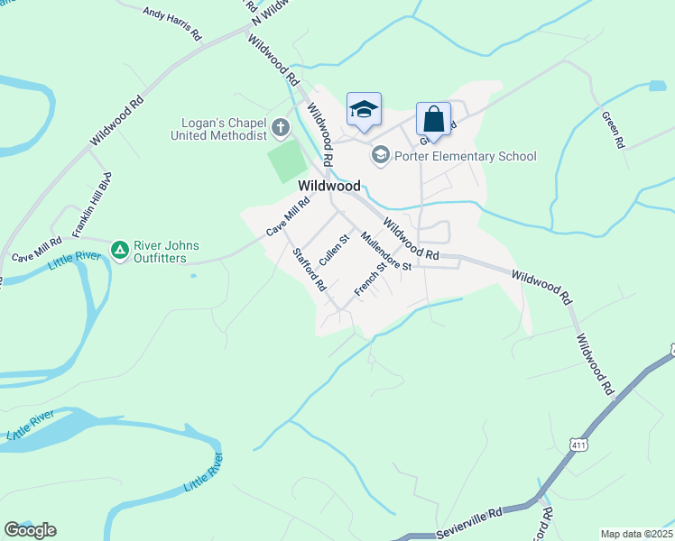 map of restaurants, bars, coffee shops, grocery stores, and more near 4343 Stafford Road in Maryville