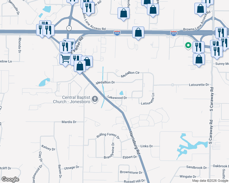 map of restaurants, bars, coffee shops, grocery stores, and more near 3711 Lakeview Cove in Jonesboro