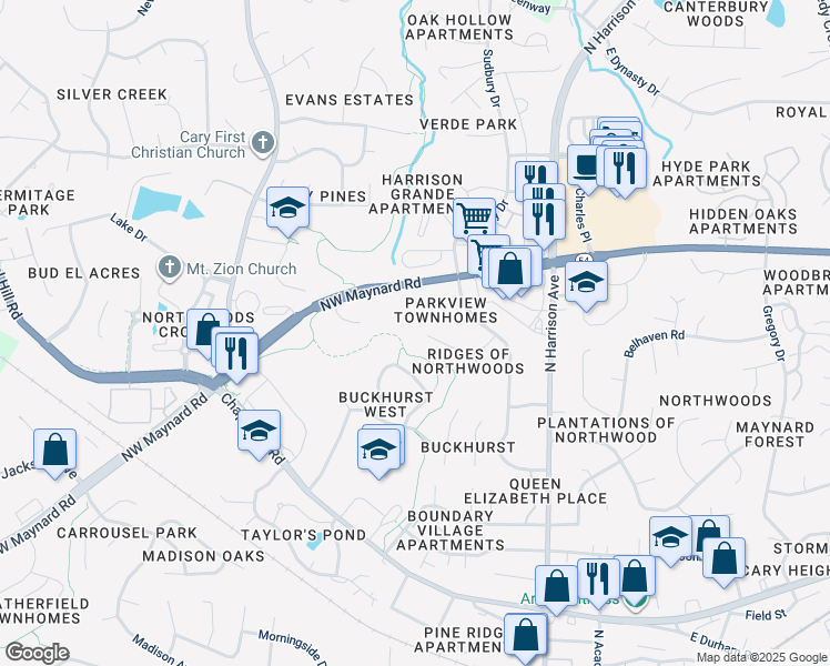 map of restaurants, bars, coffee shops, grocery stores, and more near 215 Laurie Lane in Cary