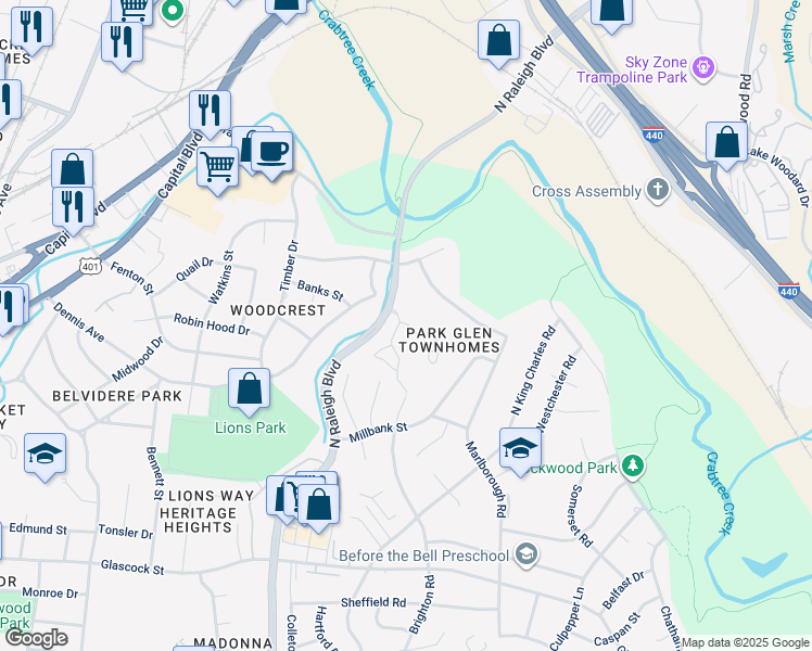 map of restaurants, bars, coffee shops, grocery stores, and more near 1330 Park Glen Drive in Raleigh