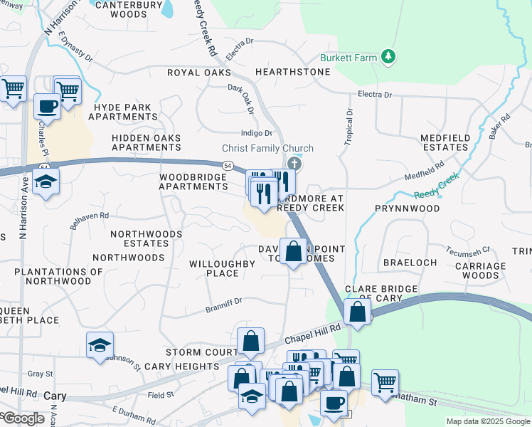 map of restaurants, bars, coffee shops, grocery stores, and more near 900 Northeast Maynard Road in Cary