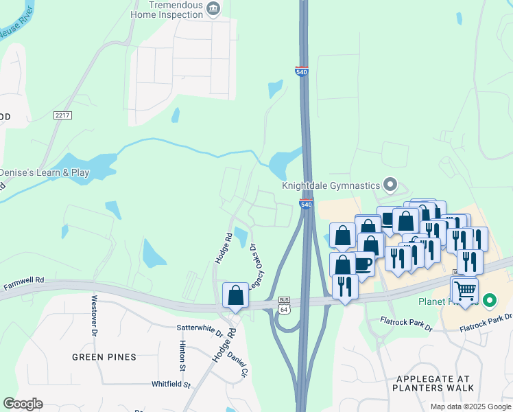 map of restaurants, bars, coffee shops, grocery stores, and more near 1162 Baxter Lane in Knightdale