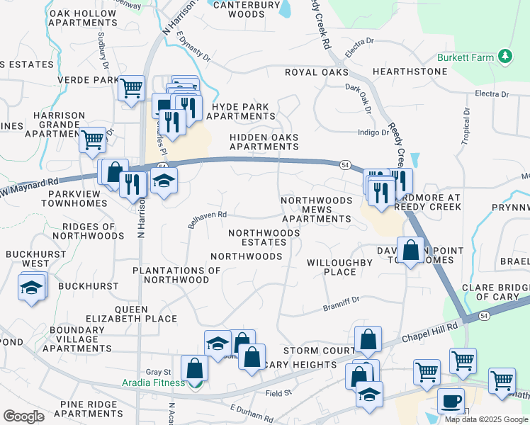 map of restaurants, bars, coffee shops, grocery stores, and more near 1211 Belhaven Road in Cary