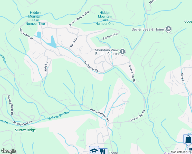 map of restaurants, bars, coffee shops, grocery stores, and more near 1514 Ridgecrest Drive in Pigeon Forge
