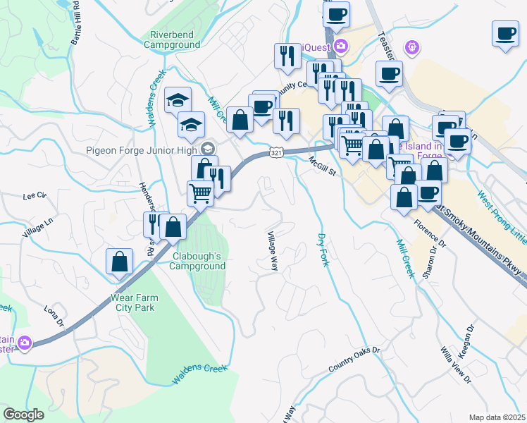 map of restaurants, bars, coffee shops, grocery stores, and more near 2654 Valley Heights Drive in Pigeon Forge