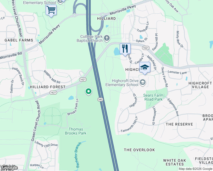 map of restaurants, bars, coffee shops, grocery stores, and more near 302 Alamosa Place in Cary