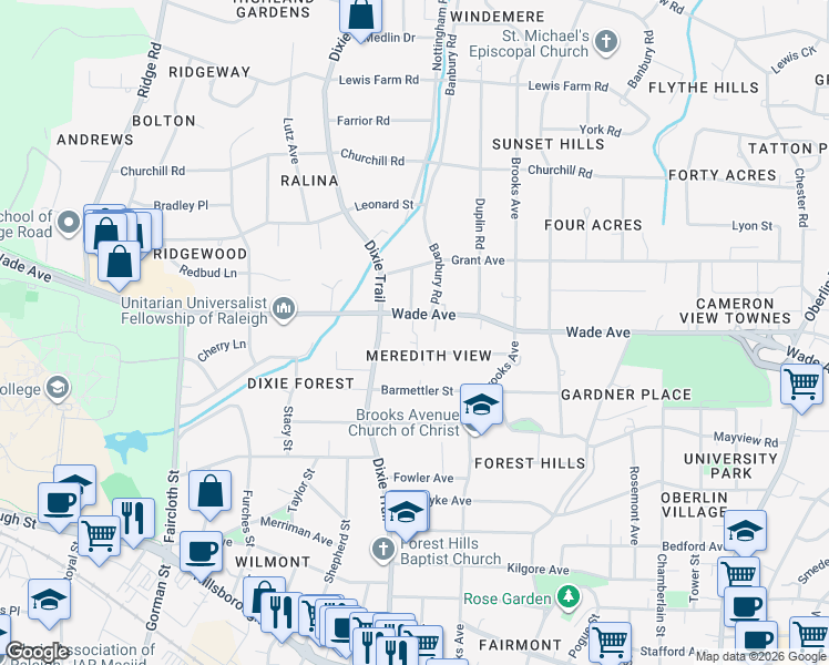 map of restaurants, bars, coffee shops, grocery stores, and more near 3009 Wade Avenue in Raleigh