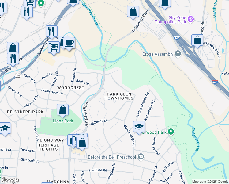 map of restaurants, bars, coffee shops, grocery stores, and more near 801 Dalewood Drive in Raleigh