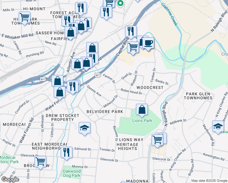 map of restaurants, bars, coffee shops, grocery stores, and more near 214 Robin Hood Drive in Raleigh