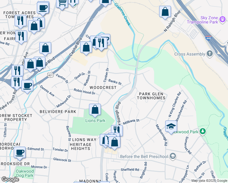 map of restaurants, bars, coffee shops, grocery stores, and more near 707 Dennis Avenue in Raleigh