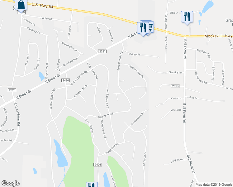 map of restaurants, bars, coffee shops, grocery stores, and more near Buckingham Place in Statesville