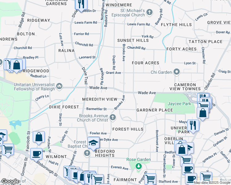 map of restaurants, bars, coffee shops, grocery stores, and more near 2805 Plumfield Place in Raleigh