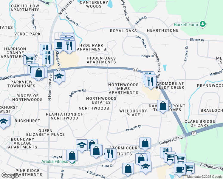 map of restaurants, bars, coffee shops, grocery stores, and more near 224 Coconut Mews in Cary