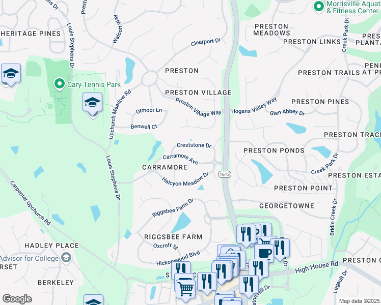 map of restaurants, bars, coffee shops, grocery stores, and more near 102 Tamarak Wood Court in Cary