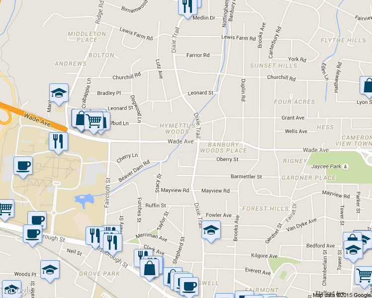 map of restaurants, bars, coffee shops, grocery stores, and more near 801 Dixie Trail in Raleigh