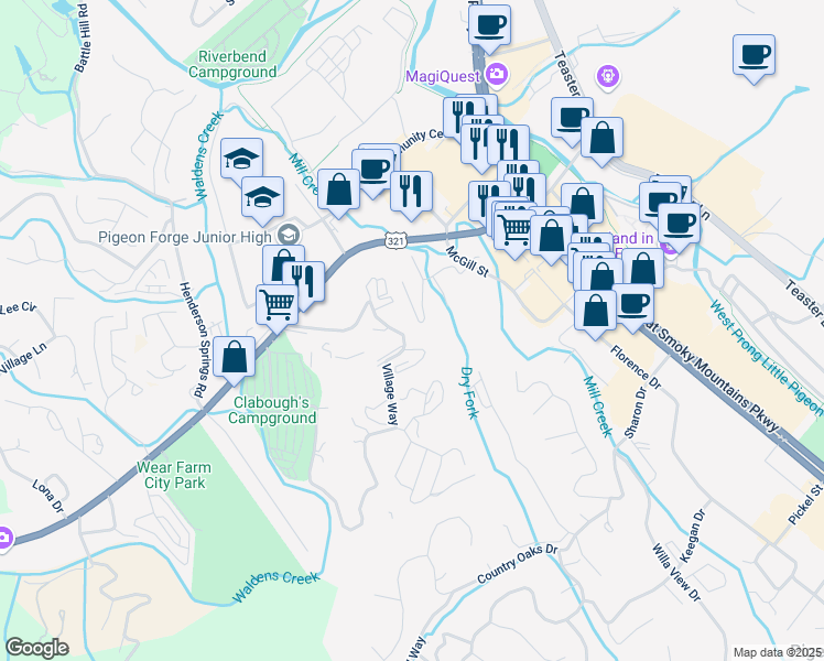 map of restaurants, bars, coffee shops, grocery stores, and more near 2675 Valley Heights Drive in Pigeon Forge
