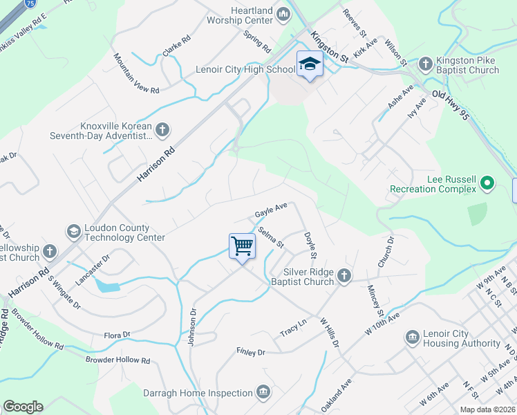 map of restaurants, bars, coffee shops, grocery stores, and more near 145 Gayle Avenue in Lenoir City