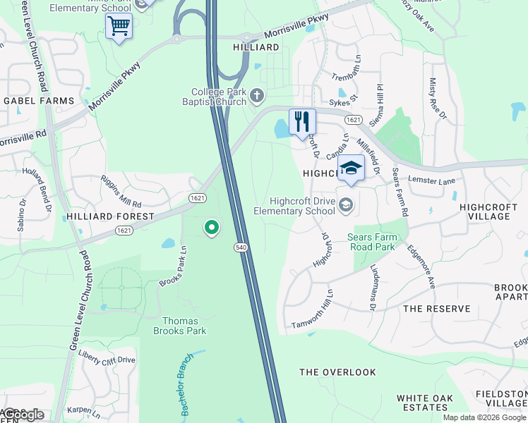 map of restaurants, bars, coffee shops, grocery stores, and more near 302 Alamosa Place in Cary