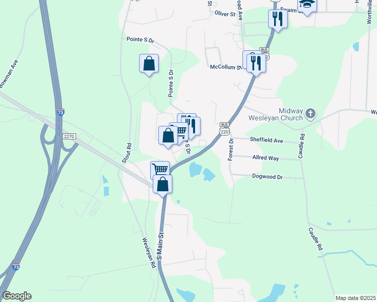 map of restaurants, bars, coffee shops, grocery stores, and more near 103 Pointe South Drive in Randleman